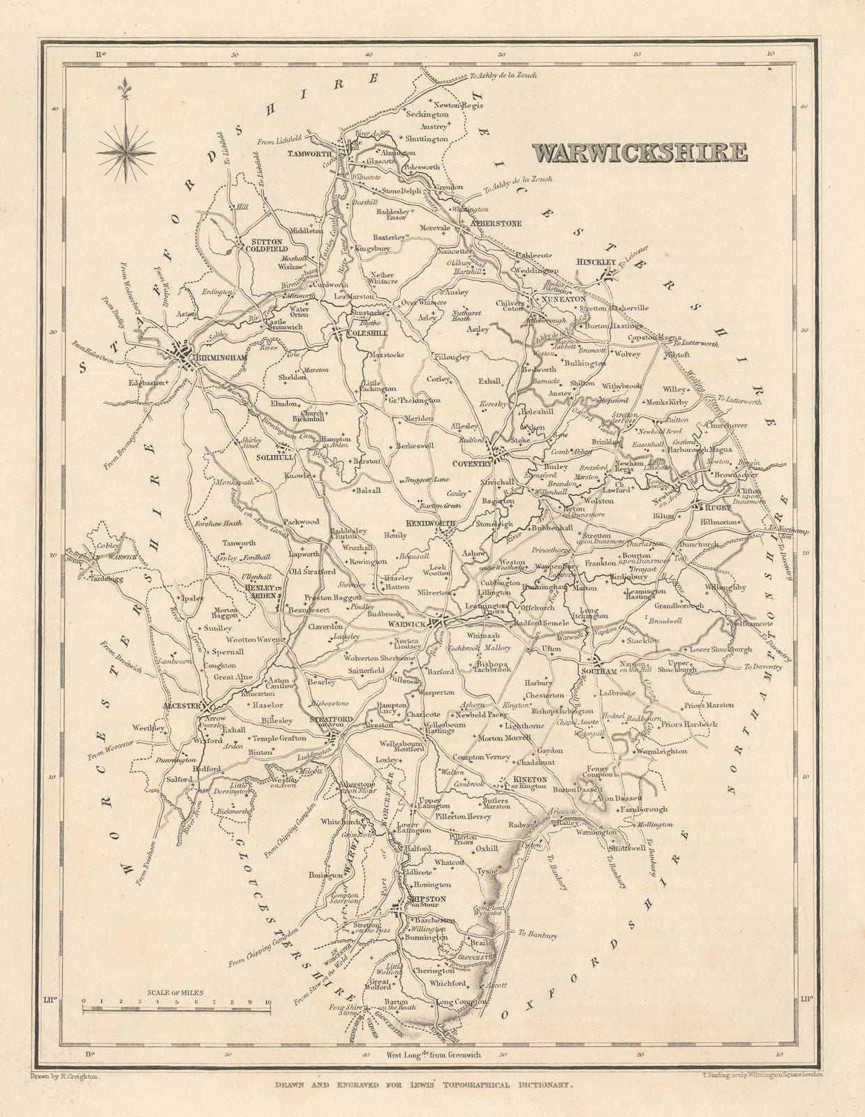 Antique county map of WARWICKSHIRE by Starling & Creighton for Lewis c1840